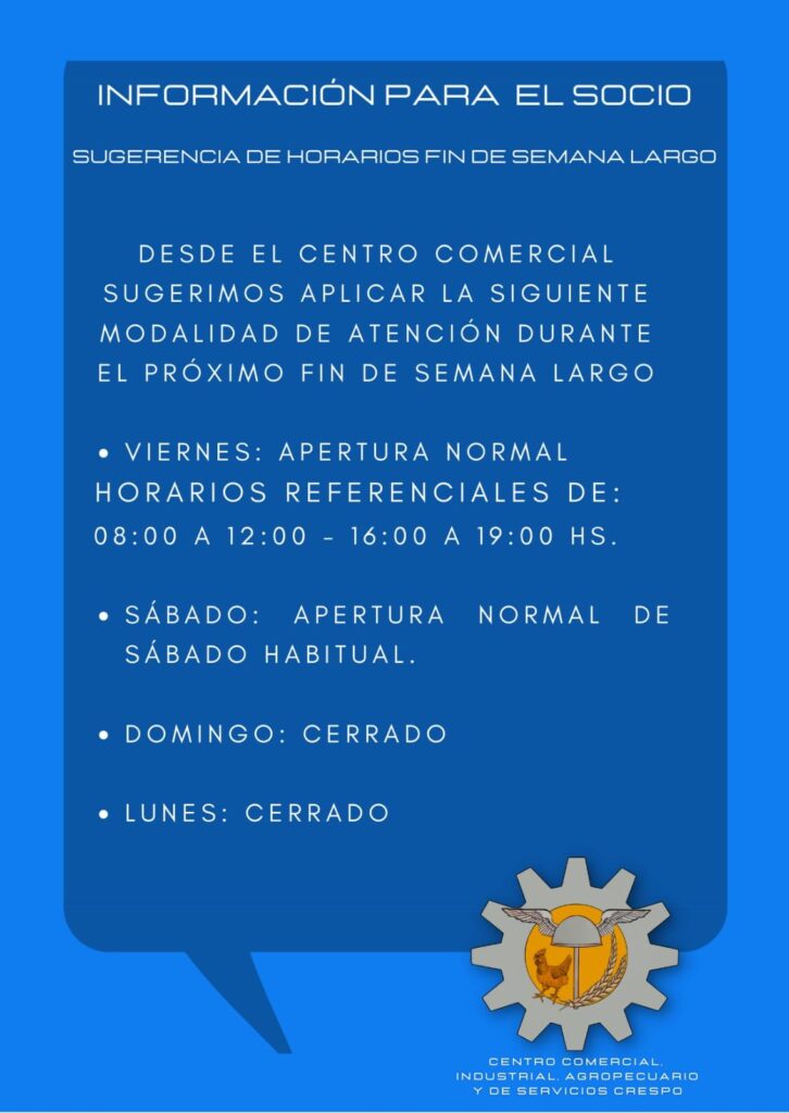 horarios de atención al público-Centro Comercial Industrial y Agropecuario de Crespo